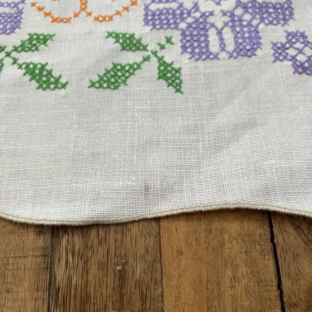 Vintage Linen Table Runner 13 x 38 in Cross Stitched White Purple Flowers